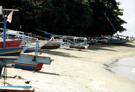 Boats along Senggigi Beach waiting in vain for tourists. At this time of year many of them should be in use. - jpg - 23079 Bytes
