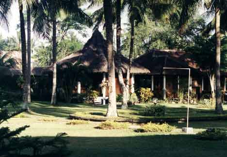 Looking across the garden to a Sasak-style cottage like ours on the other side. Wood floors and walls with some use of woven bamboo and a thatched roof. Large bed, TV, a/c, shower that wasn't icy, all for $21 a night. - jpg - 21553 Bytes